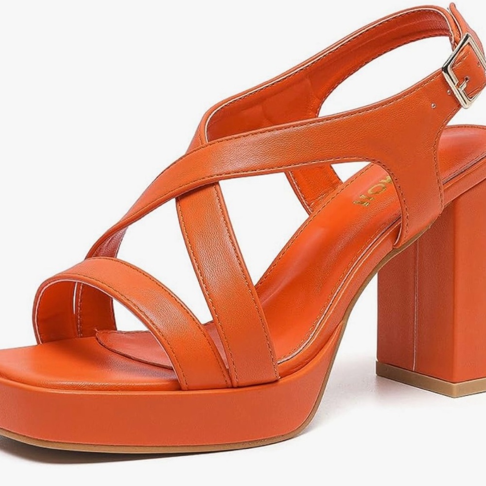 Orange Strappy Block Heel Sandals